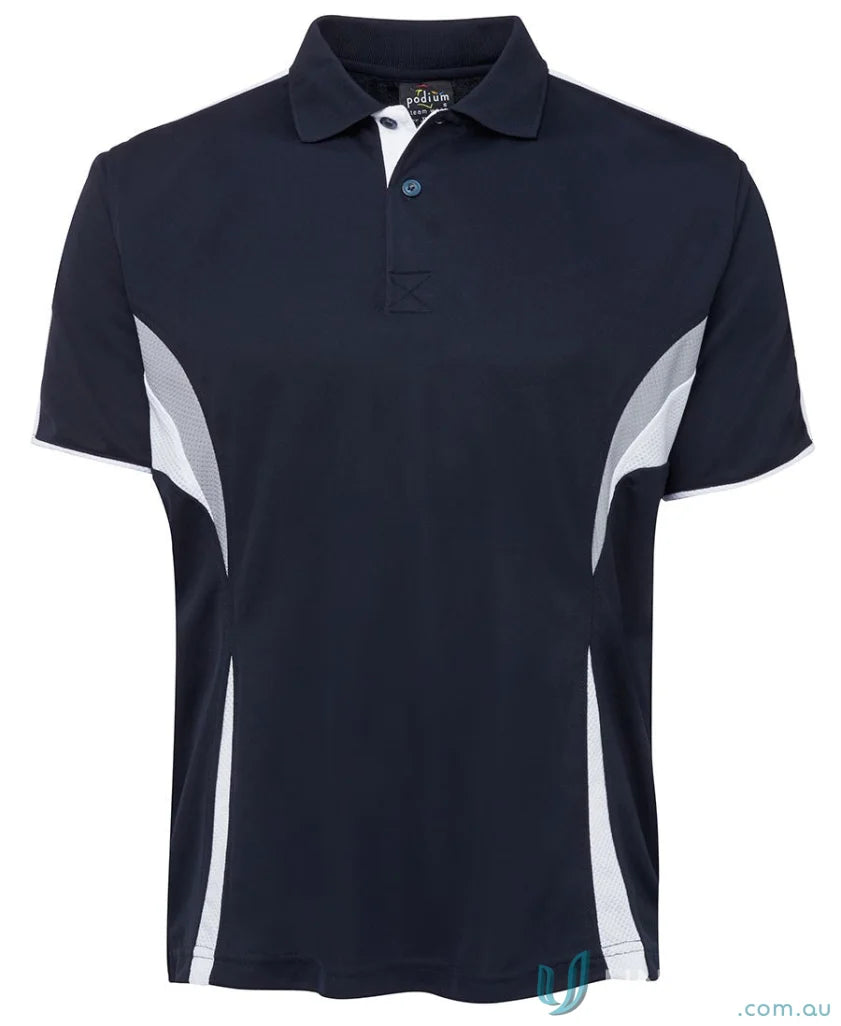 Navy and white polo shirt with dual-color body panel and moisture-wicking tech from JB’s Podium Cool