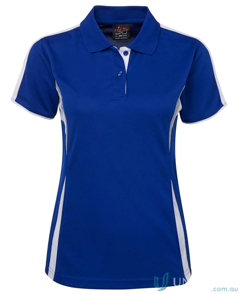 Blue and white women’s polo shirt with dual-color body panel and moisture-wicking tech at JB’s Podium Cool