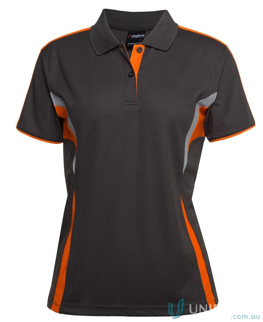 Gray and orange women’s polo shirt with dual-color body panel and moisture-wicking tech at JB’s Podium Cool