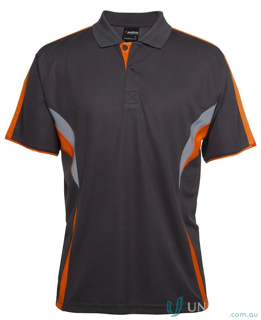 Gray and orange JB’s Podium Cool Polo with dual-color body panel and moisture-wicking tech