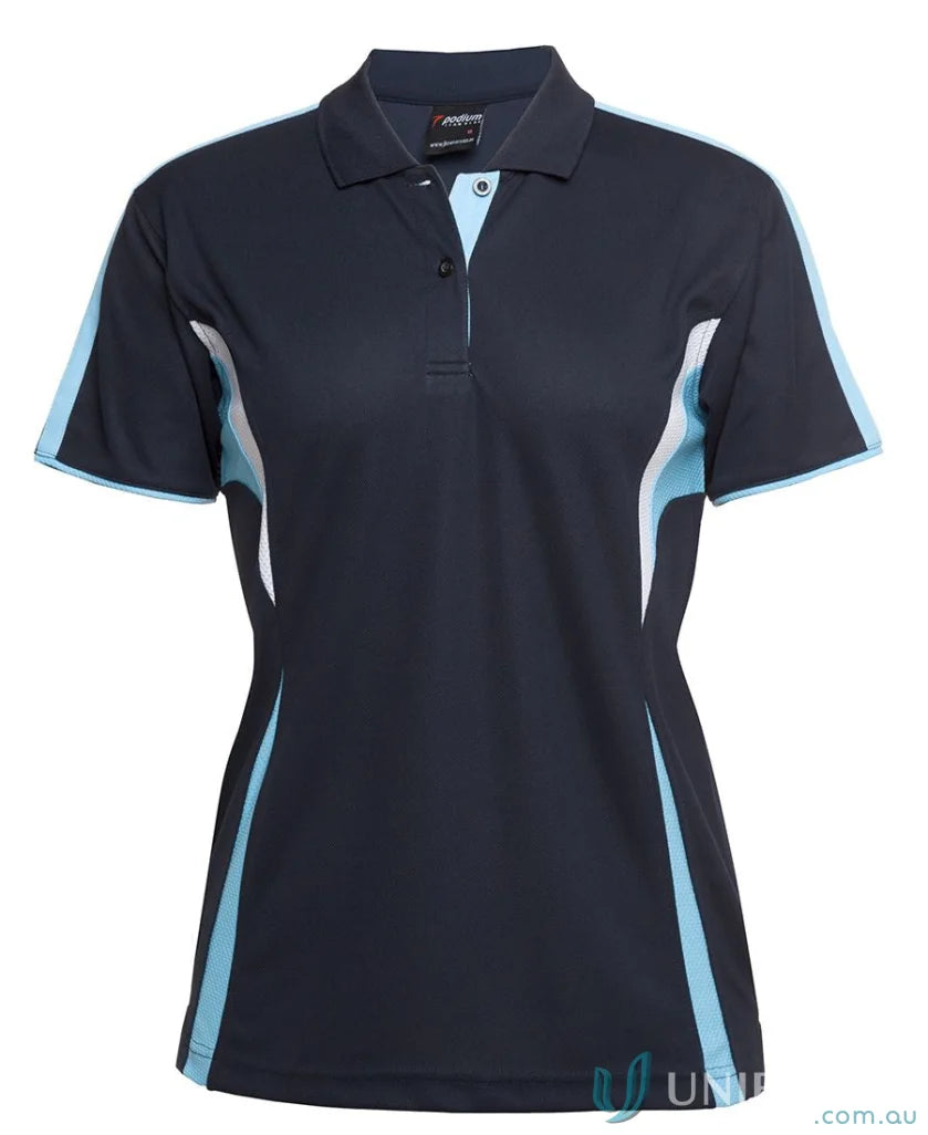 Navy blue and light blue women’s polo shirt with dual-color body panel, moisture-wicking JB’s Podium Cool
