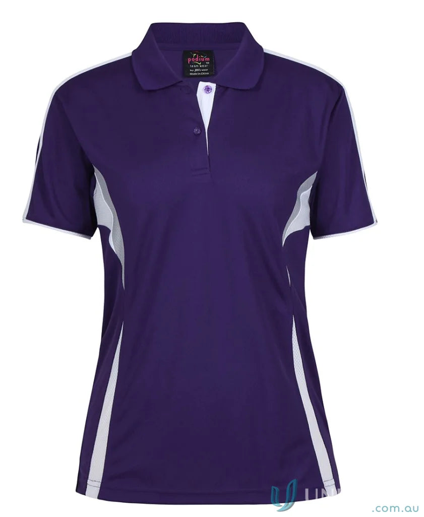 Purple and white JB’s Podium Cool polo with dual-color body panel and moisture-wicking tech