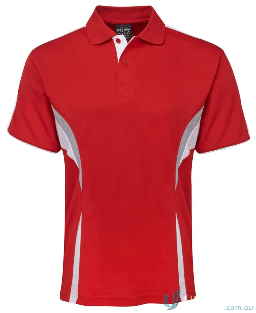 Red and white JB’s Podium Cool polo with dual-color body panel and moisture-wicking tech
