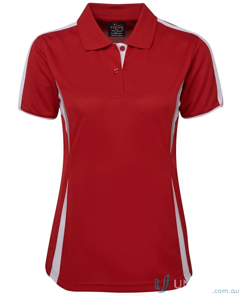 Red and white women’s polo shirt with dual-color body panel and JB’s Podium Cool tech