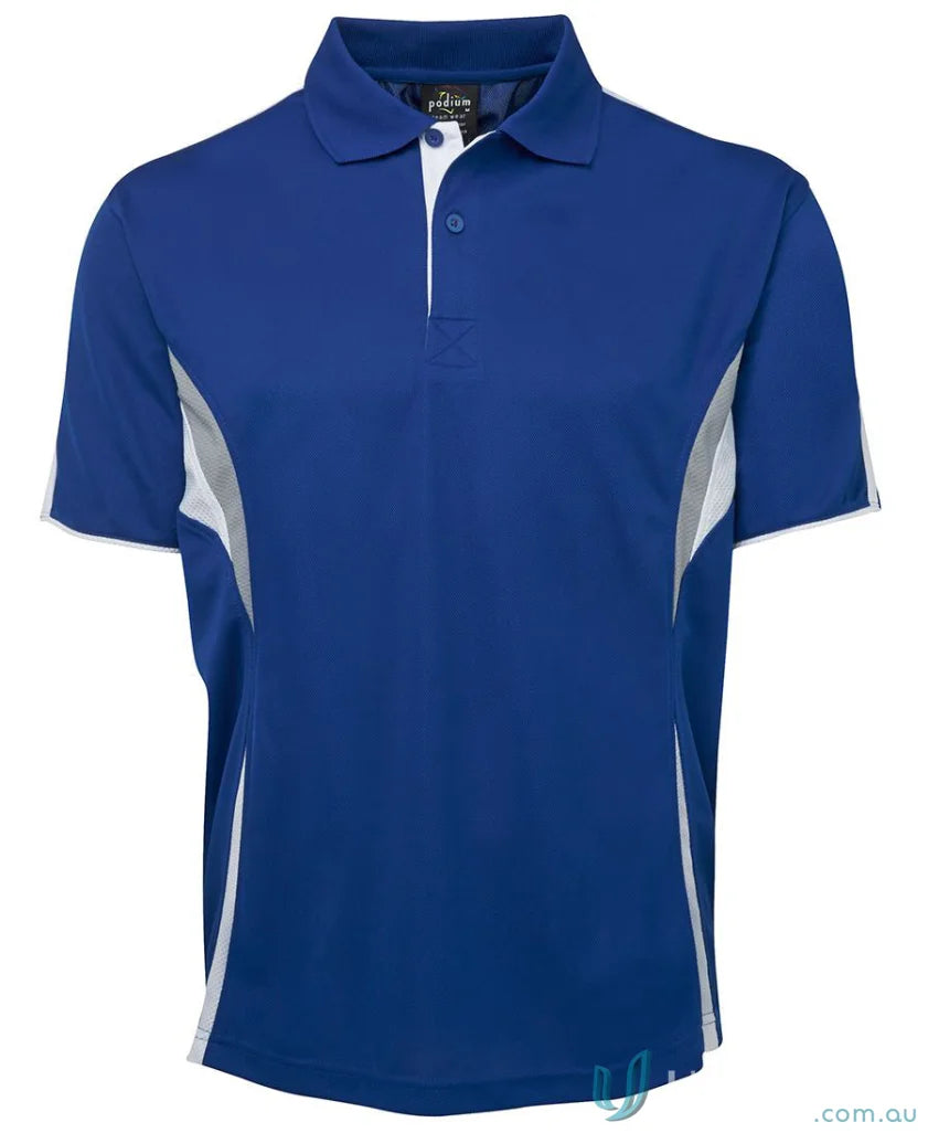 Blue and gray polo shirt with dual-color body panel and moisture-wicking tech by JB’s Podium Cool