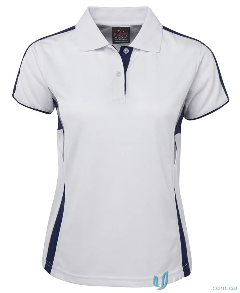 White and navy JB’s Podium Cool Polo with dual-color body panel and moisture-wicking tech