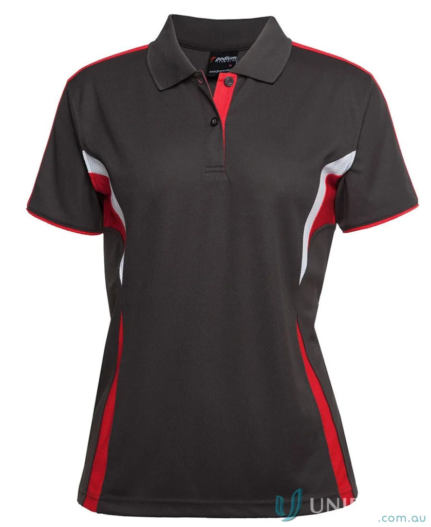 Women’s gray JB’s Podium Cool Polo with dual-color body panel and moisture-wicking tech
