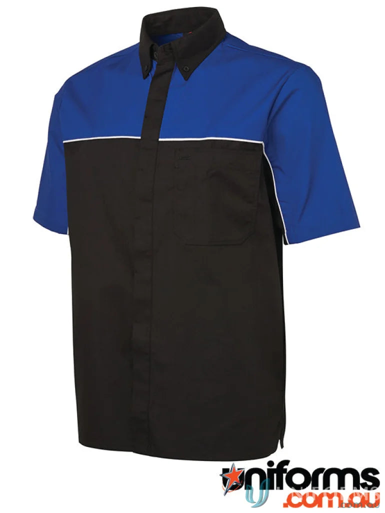 JB’s Podium Moto Shirt offers a short-sleeved polo with black, blue, and white stripes