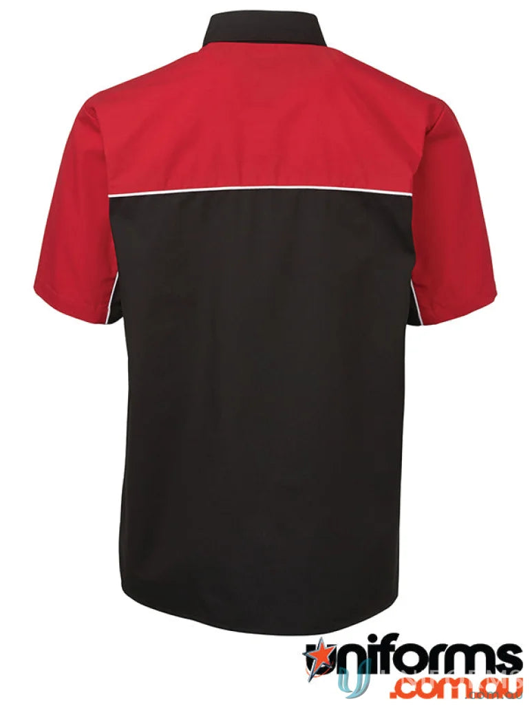 JB’s Podium Moto Shirt offers a short-sleeved work shirt with black, red, and white details