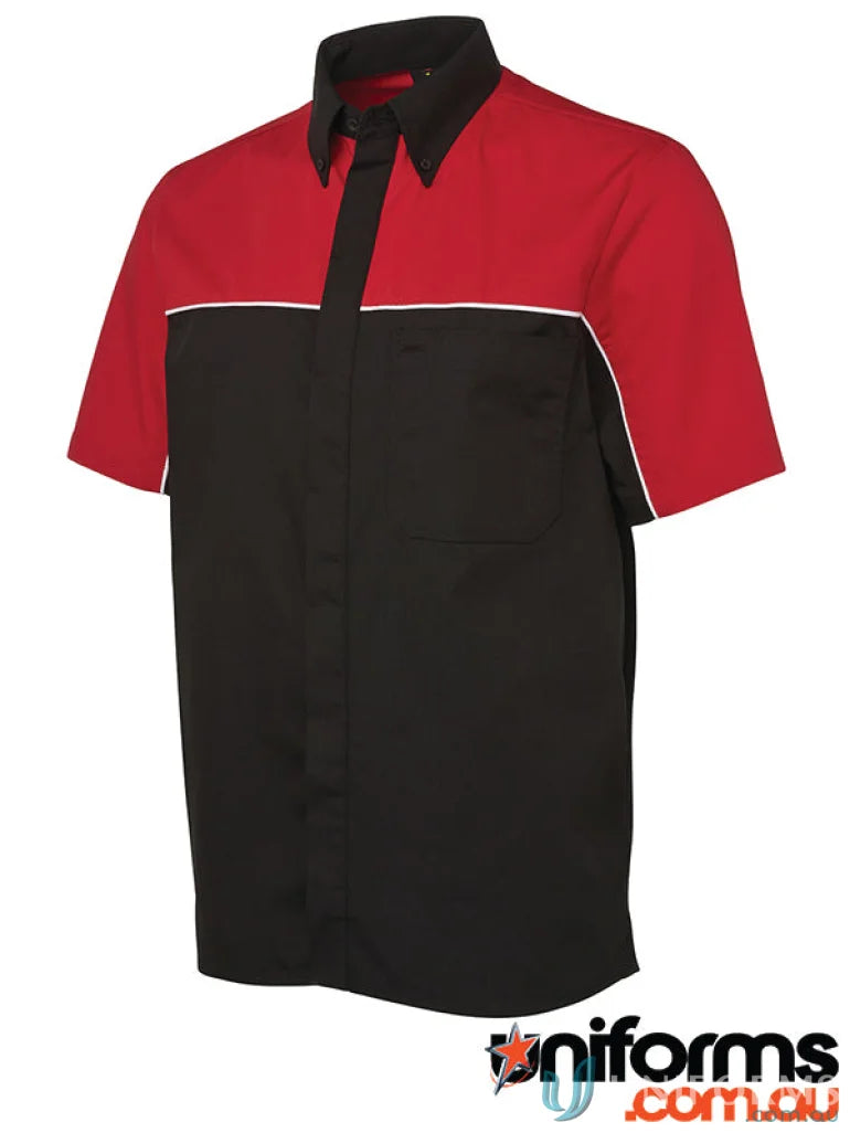 JB’s Podium Moto Shirt offers a short-sleeved black and red work shirt with white stripe