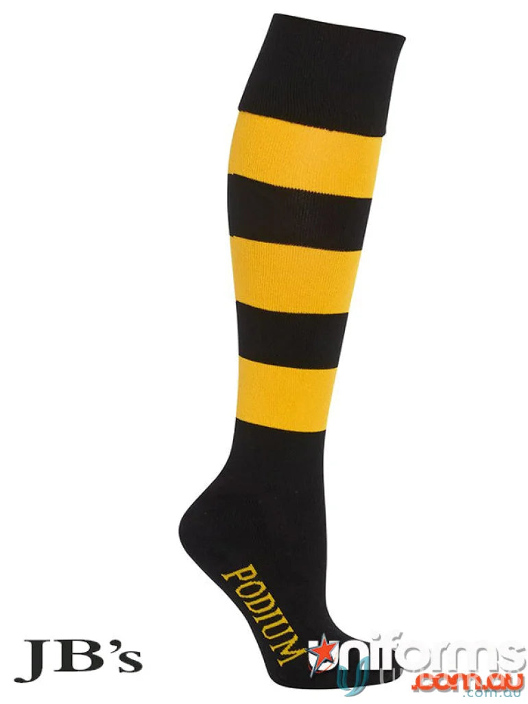 Youth black and yellow striped knee-high sock for JBs Podium Sport Sock collection