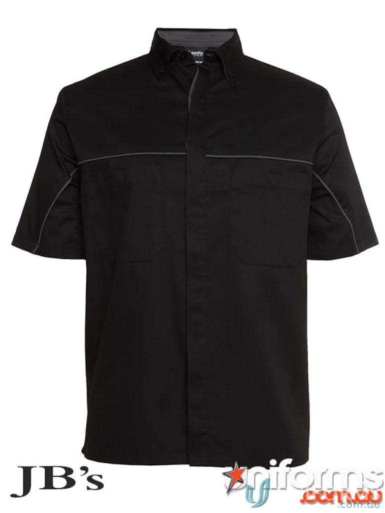Black JB’s Podium industry shirt with short sleeves, stand collar, gray piping, easy-care twill fabric