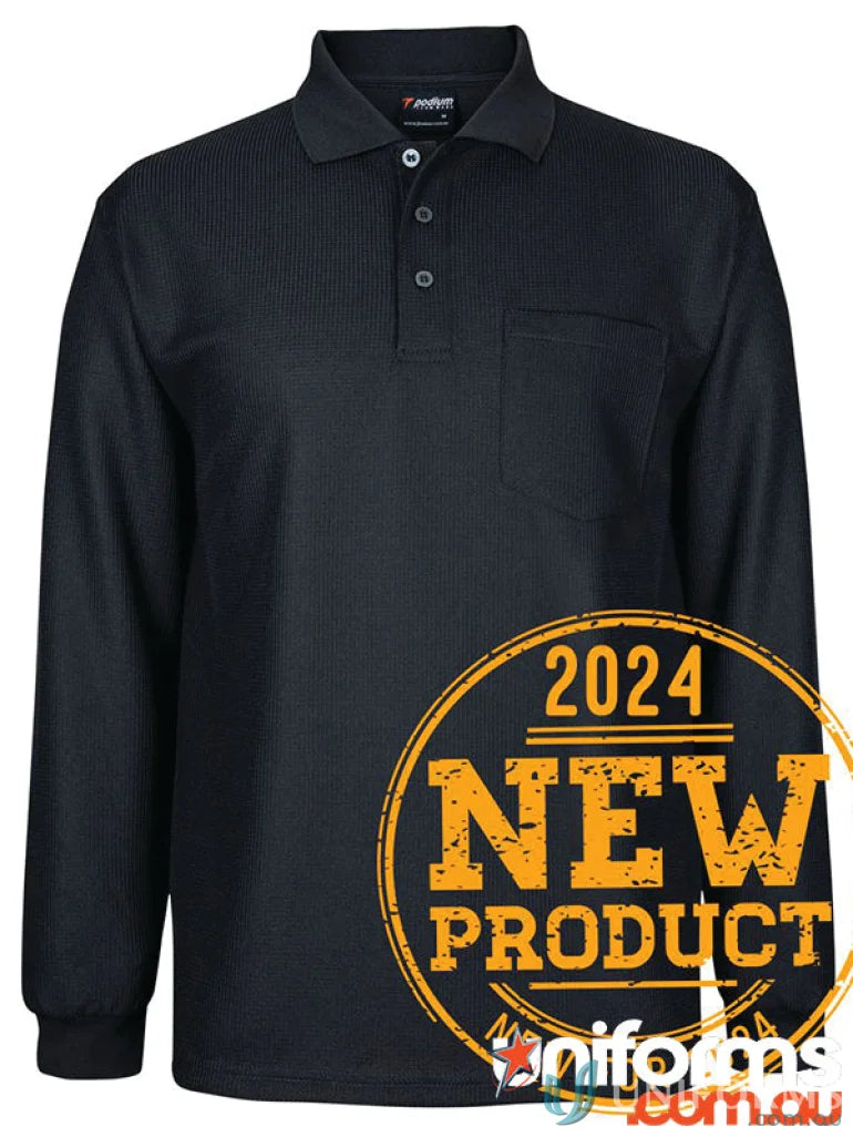 Black JB’s Podium Waffle Pocket Long Sleeve Polo shirt showcased for style and comfort