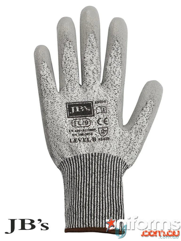 Gray and black work glove for handling tasks, sold in JB’s PU Breathable Cut Resist Level B Glove pack