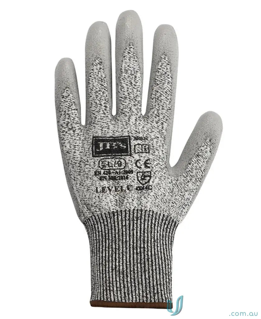 Gray and black speckled work glove with ribbed cuff for cut resistance and handling