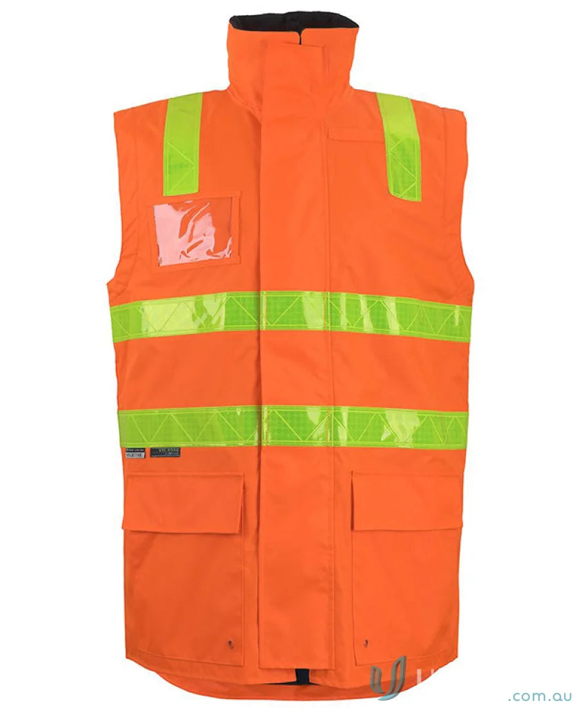 Orange high-vis vest with reflective green stripes and pile tape closure for JB’S Vic Road Jacket