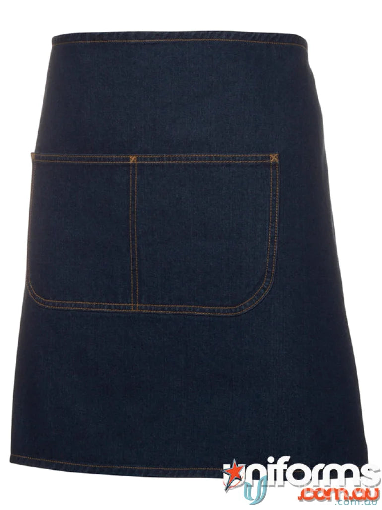 Dark blue denim apron with orange stitching and front pockets, perfect for uniforms