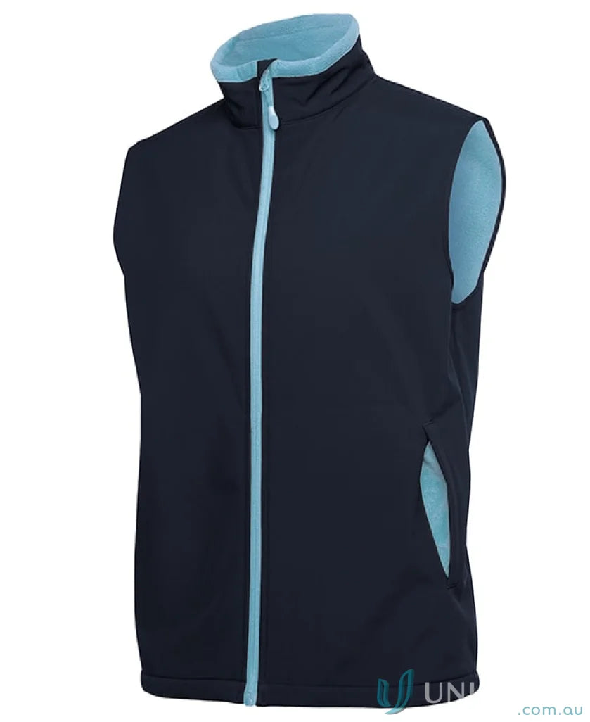 Dark blue JB’s Water Resistant Softshell Vest with light blue trim and zipper