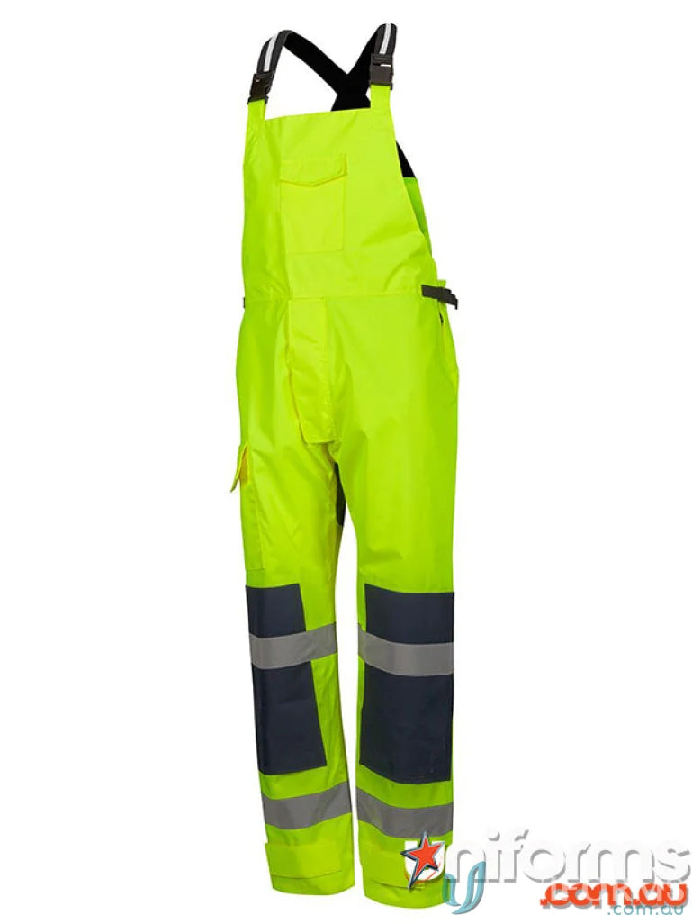 High-visibility lime green bib overalls with reflective tape and knee pad pockets for JB’s Waterproof Bib and Brace
