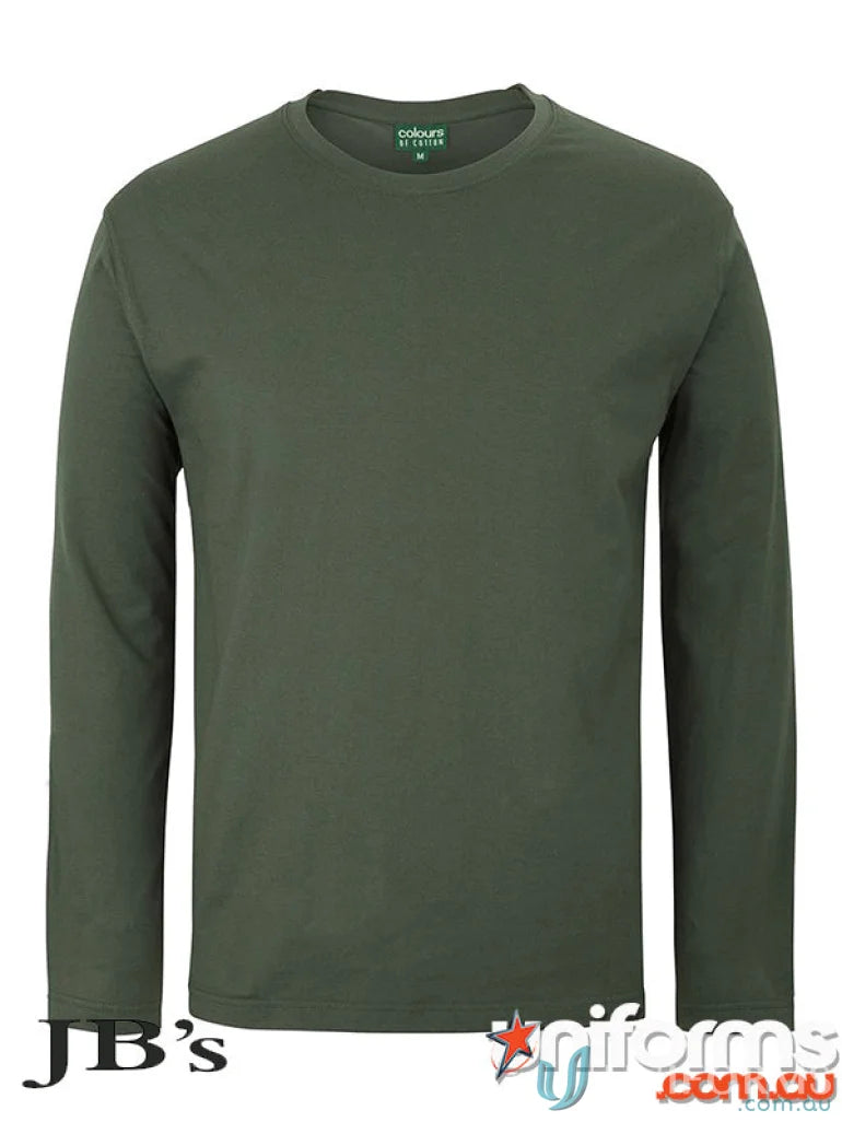 Olive green JB’S Wear Adult LS No Cuff Tee with UPF protection, long-sleeve crew-neck
