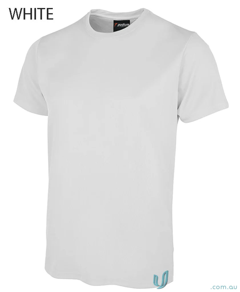 White short-sleeved JB’s Wear Podium Poly Tee perfect for podium cool sun protection