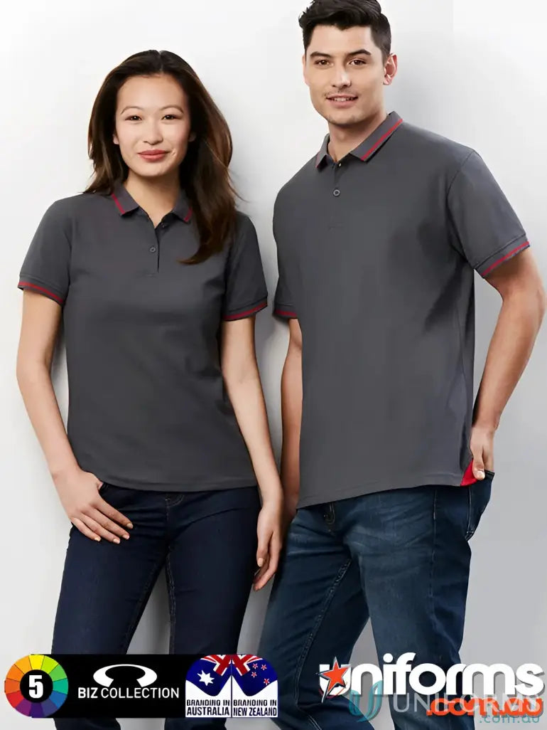 Matching gray Jet Polo shirts with red trim from Biz Collection Men’s p226ms for you