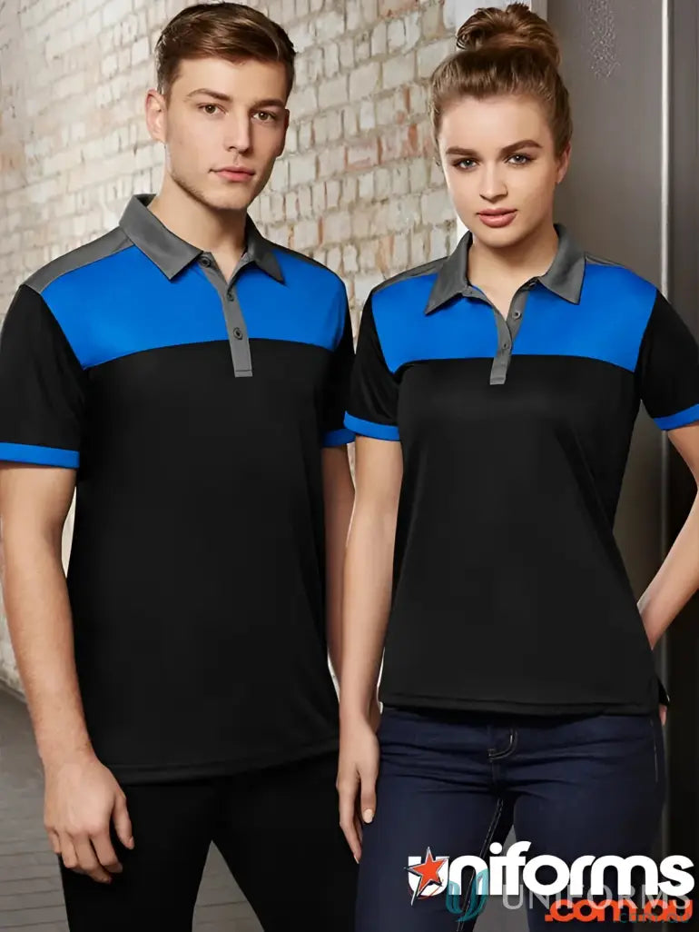 Matching polo shirts for work uniforms with UPF rating and contrast panels at JHS EMB