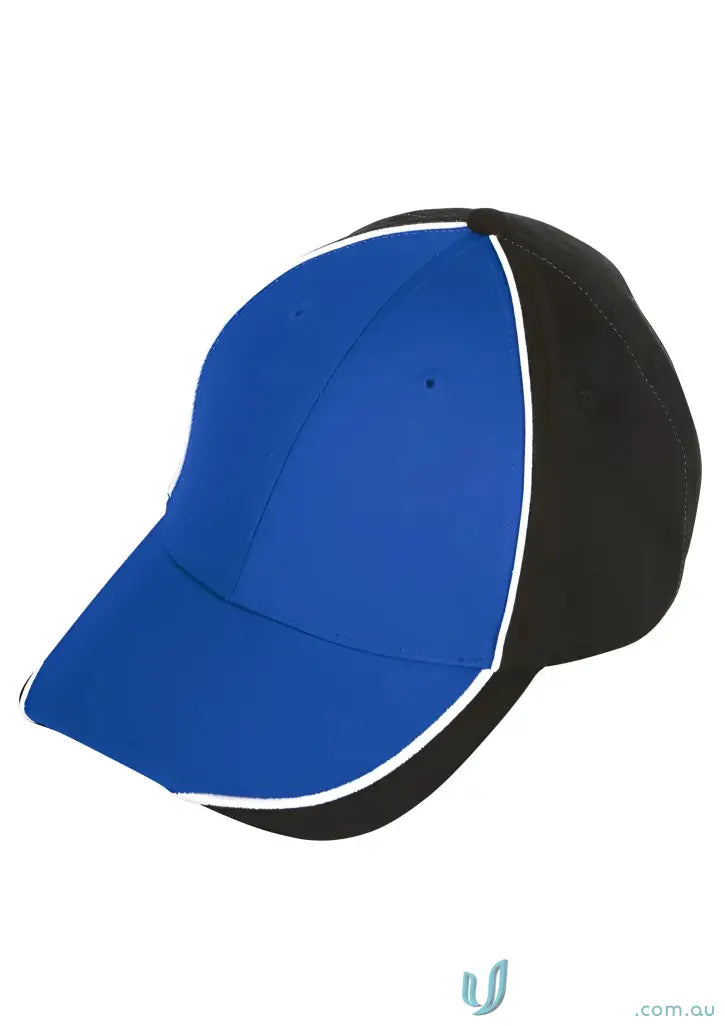 Blue and black cotton twill JHS EMB Cap with white trim, perfect for work uniforms