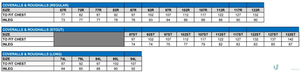 Clothing size chart for JHS EMB Heavy Cotton Coverall, perfect for workwear uniforms