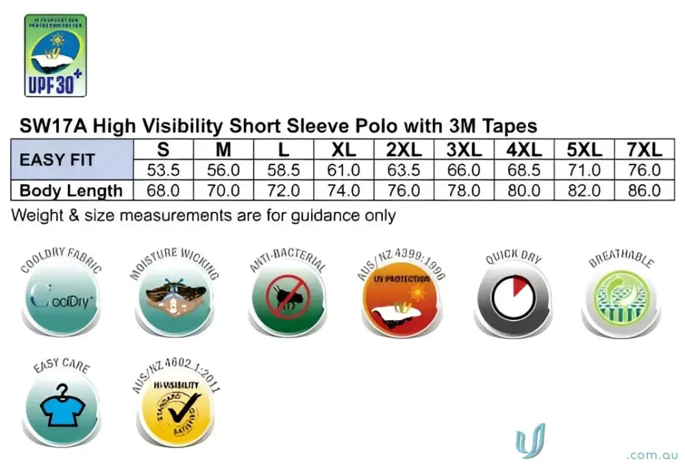 High visibility JHS EMB HiVis SS Taped Polo sizing chart for work uniforms