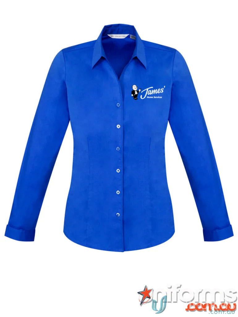 Blue long-sleeved button-down shirt perfect for work uniforms and workwear by JHS EMB