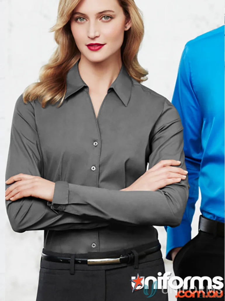 Woman’s gray button-down shirt from JHS EMB Ladies LS workwear uniform