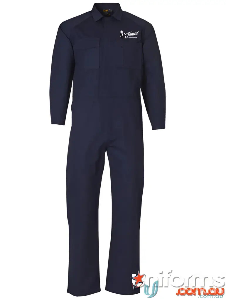 Navy blue cotton drill work coverall with easy access design and white logo for uniforms