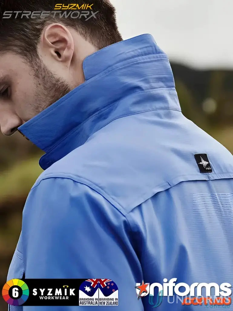 Blue collared jacket from JHS EMB Outdoor LS Shirt, perfect for workwear or uniforms