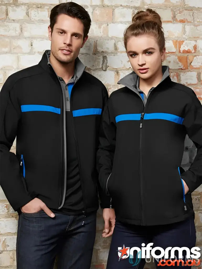Matching black and blue JHS EMB Unisex Jackets perfect for work uniforms in modern fit
