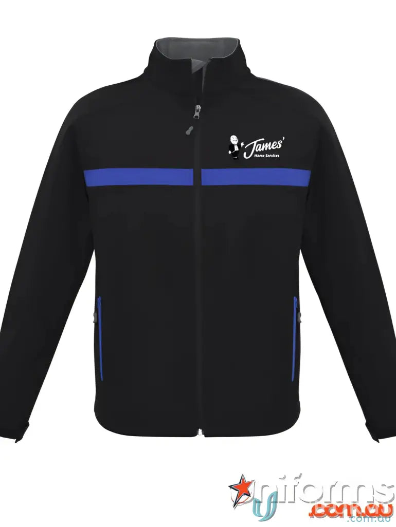 Black jacket with blue stripe from JHS EMB Unisex Jacket, perfect for work uniforms and modern fit style