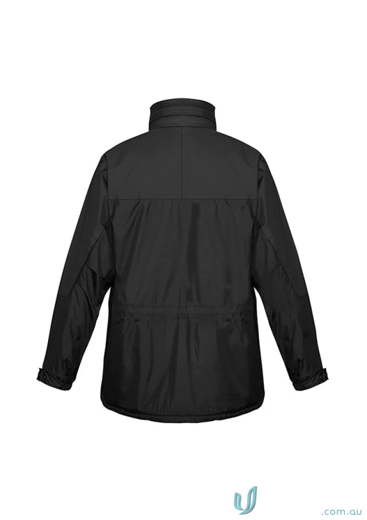 Black waterproof JHS Unisex Jacket with storm flap and adjustable drawstrings