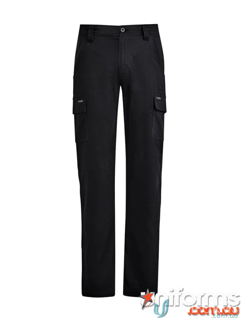 Black cargo pants made of cotton twill with hip pockets, perfect for uniforms