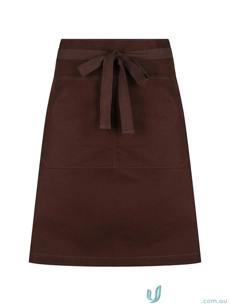 Brown Jimmy Canvas Waist Apron with tie waist, front pockets, brass rivets, webbing ties
