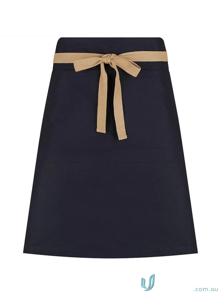 Dark blue Jimmy Canvas Waist Apron with beige tie, brass rivets, and webbing ties
