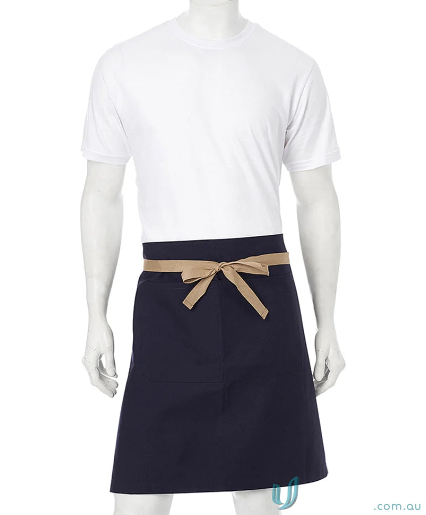 Navy blue Jimmy Canvas Waist Apron with tan tie, brass rivets, webbing ties on mannequin