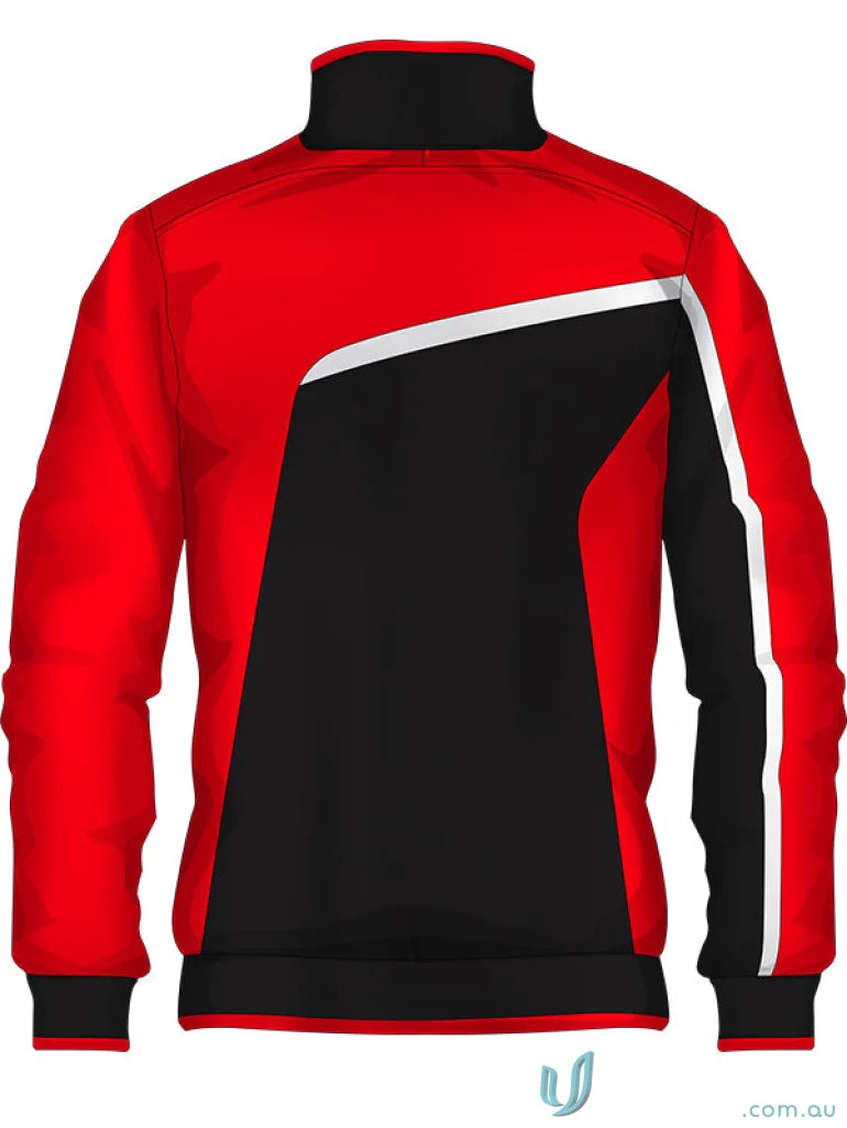 Red and black track jacket from JK107 Custom Jacket made with sublimated sports fabric