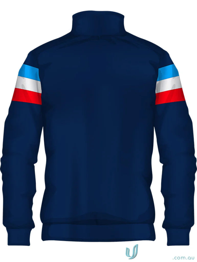 Blue track jacket with striped sleeves from JK108 Custom Jacket, made with sublimated sports fabric