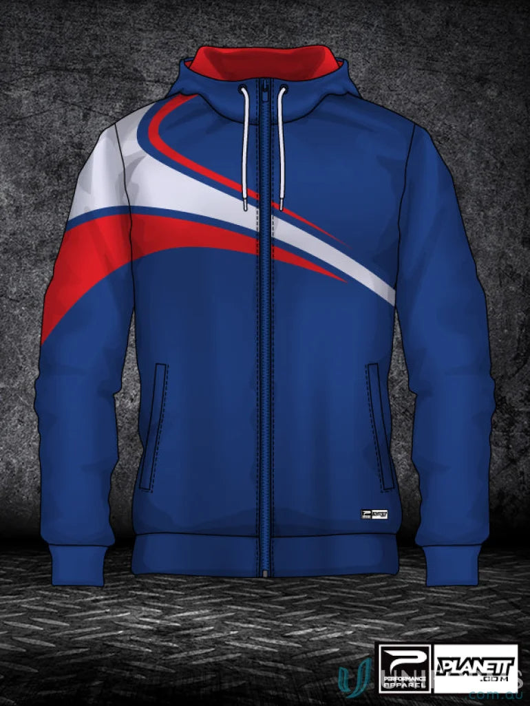 Blue hooded jacket with red and white accents from JK110 Custom Jacket made with sublimated sports fabric