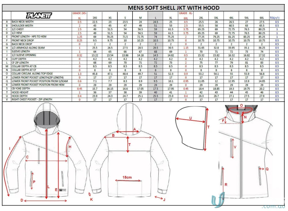 Men’s soft shell jacket size chart on sublimated sports fabric for JK110 Custom Jacket