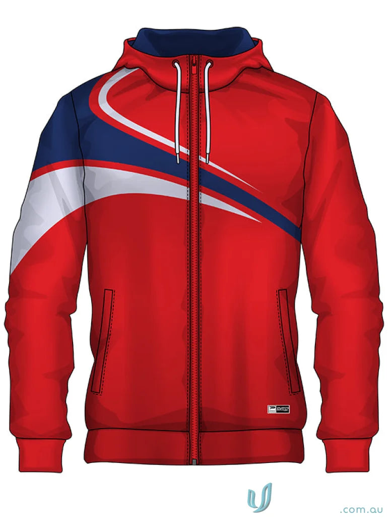Red hooded zip-up jacket from JK110 Custom Jacket made with sublimated sports fabric