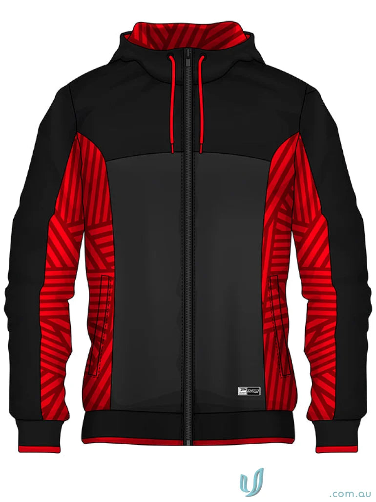 Black and red hooded zip-up jacket from JK111 Custom Jacket, made with sublimated sports fabric