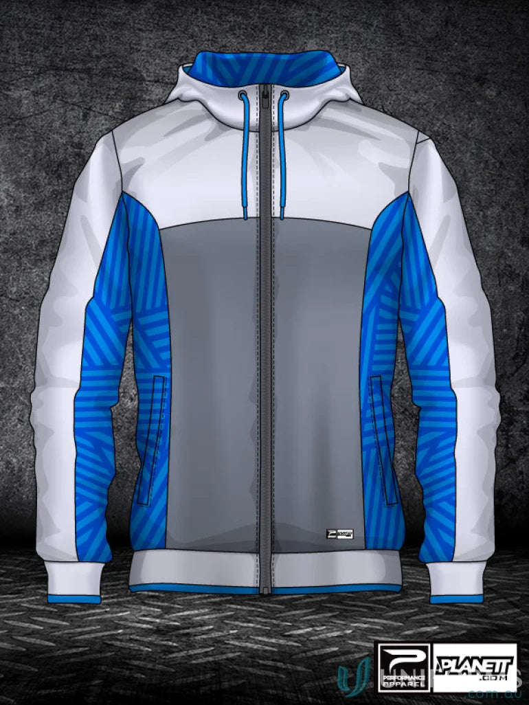 JK111 Custom Jacket with hood, zip-up style, blue accents, made from sublimated sports fabric