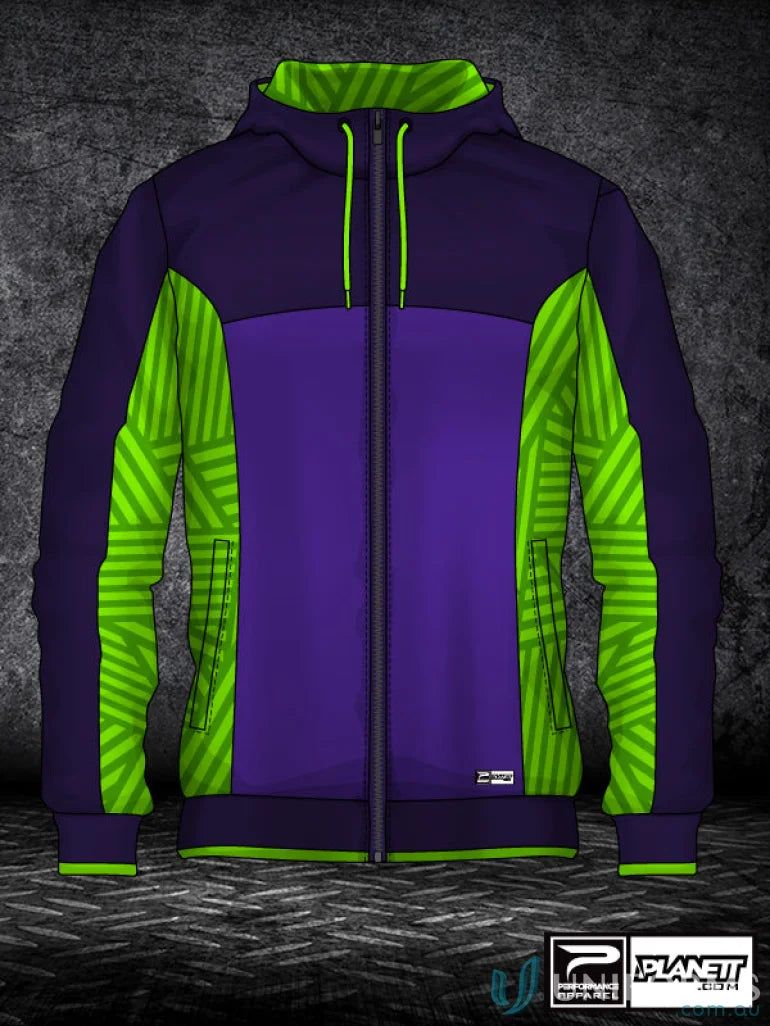 Purple and green hooded zip-up jacket from JK111 Custom Jacket, perfect for sublimated garments on sports fabric