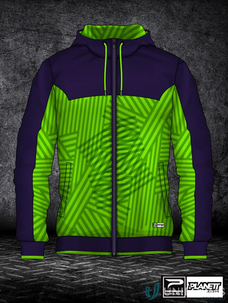 Purple and green patterned hooded jacket from JK113 Custom Jacket made with sublimated sports fabric